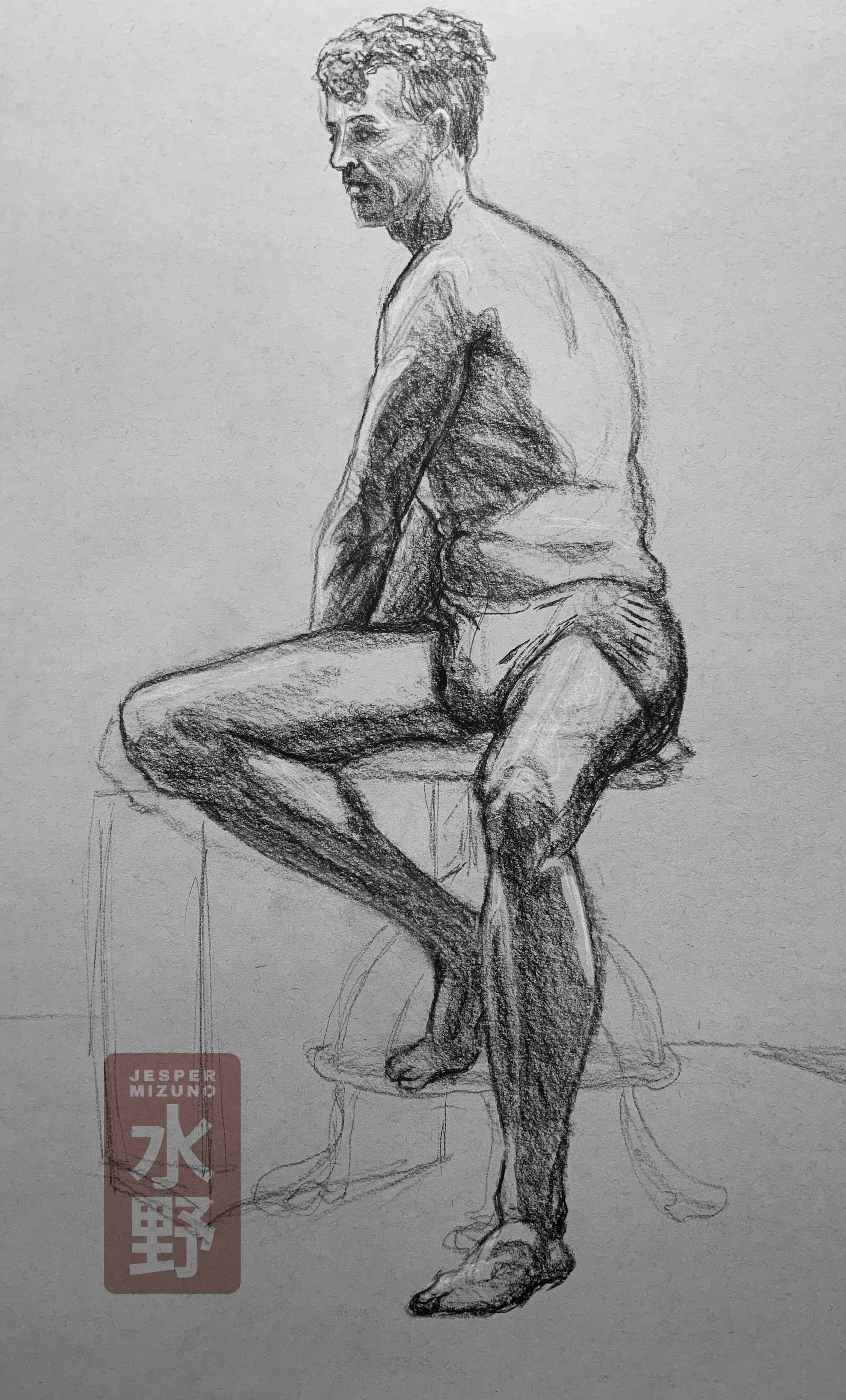 Charcoal drawing, “Twisting Man”.
