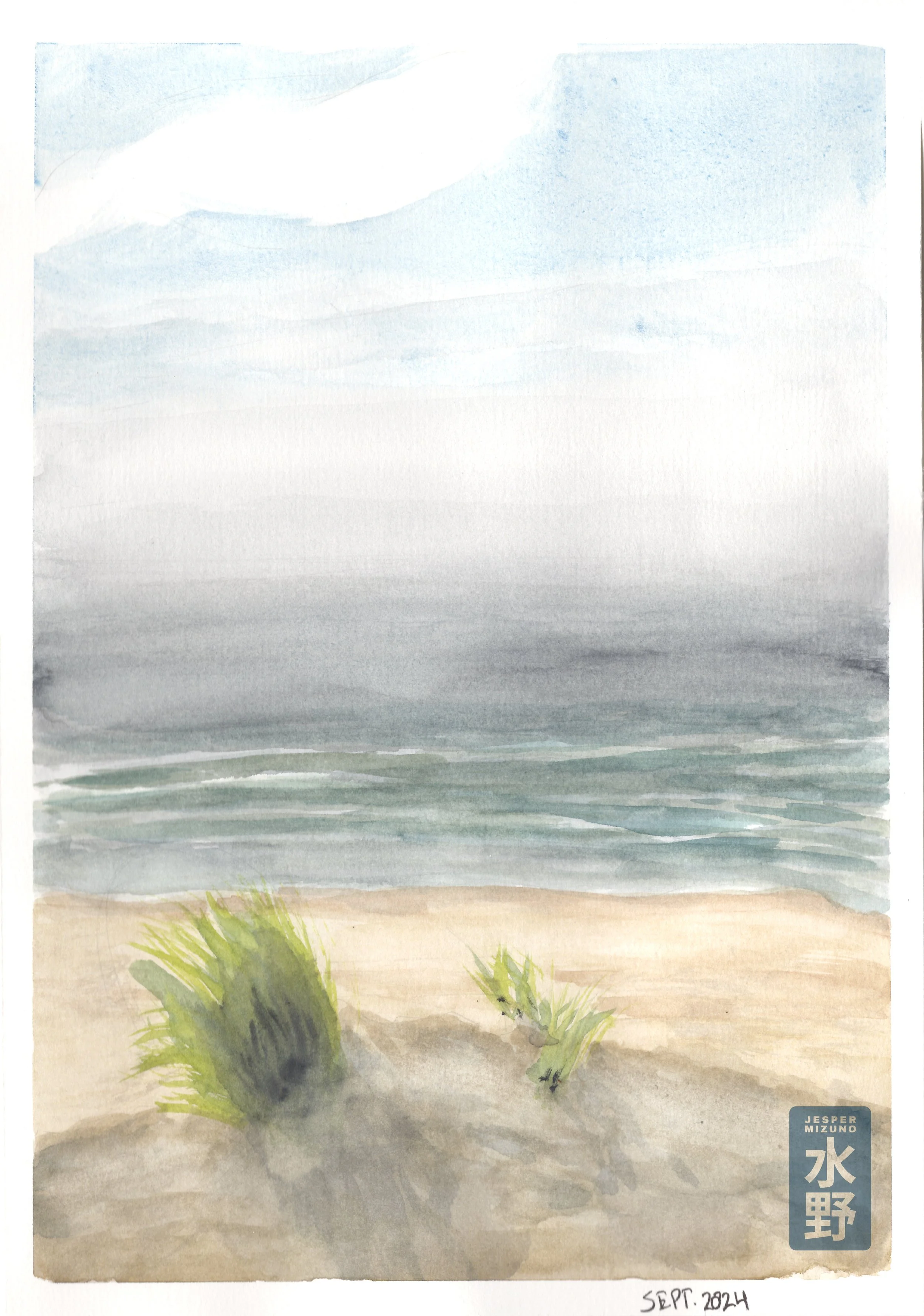 Tufts of beach grass overlooking the ocean. Painted on location in Cannon Beach OR