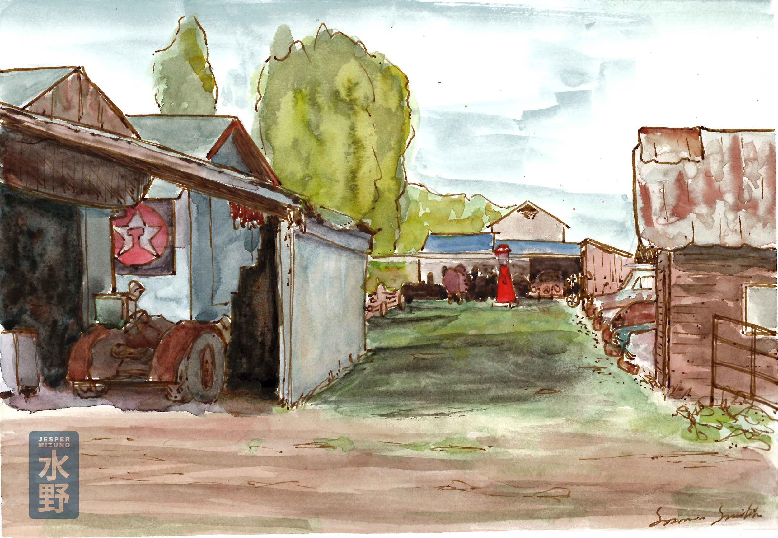Titled “Oddity Lane”. Water color and ink, old buildings and vehicles in landscape. Painted on location at a very interesting private ‘museum’ collection of assorted old things. 
