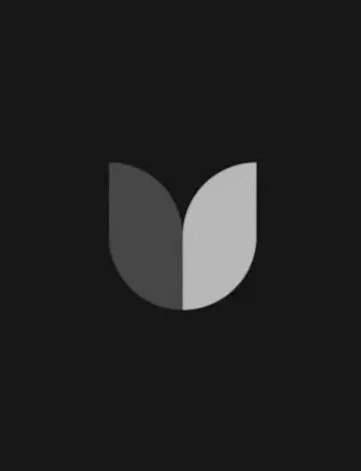 Minimalist black and gray logo resembling a stylized tulip or leaf on a black background.