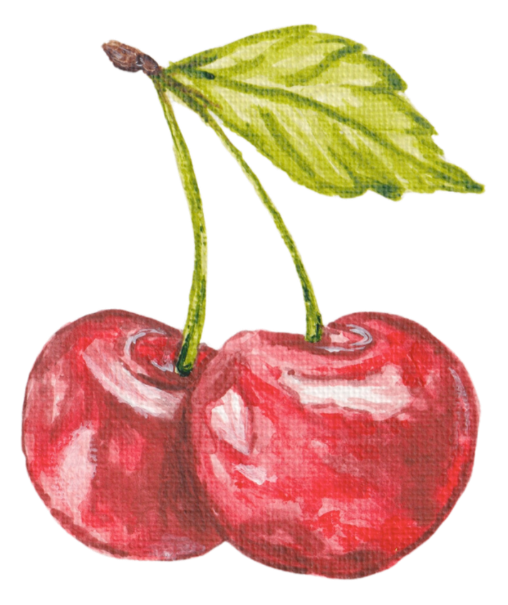 Hand-painted illustration of two red cherries with green stems and a green leaf.