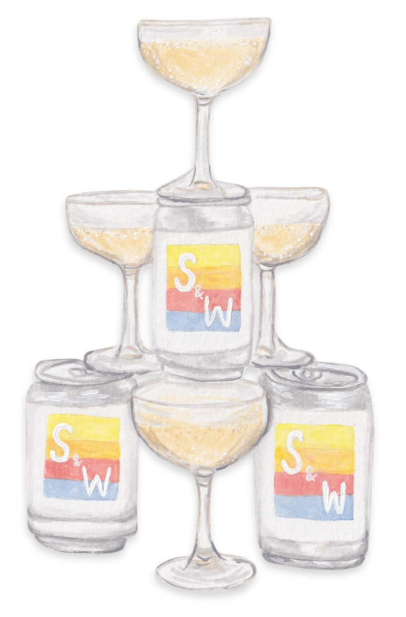 Stacked champagne glasses with a drink mixer in the middle, all labeled with a logo featuring yellow, orange, red, and blue stripes and the letters S and W.