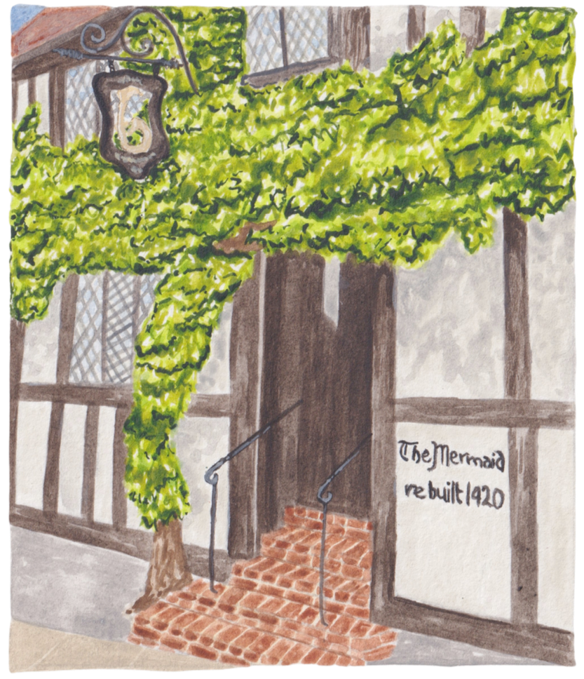 Han-painted illustration of the entrance to a building called 'The Mermaid,' built in 1920, with a brick step staircase, a dark entrance door, and green foliage and vines growing around the doorway, with a hanging lantern above.