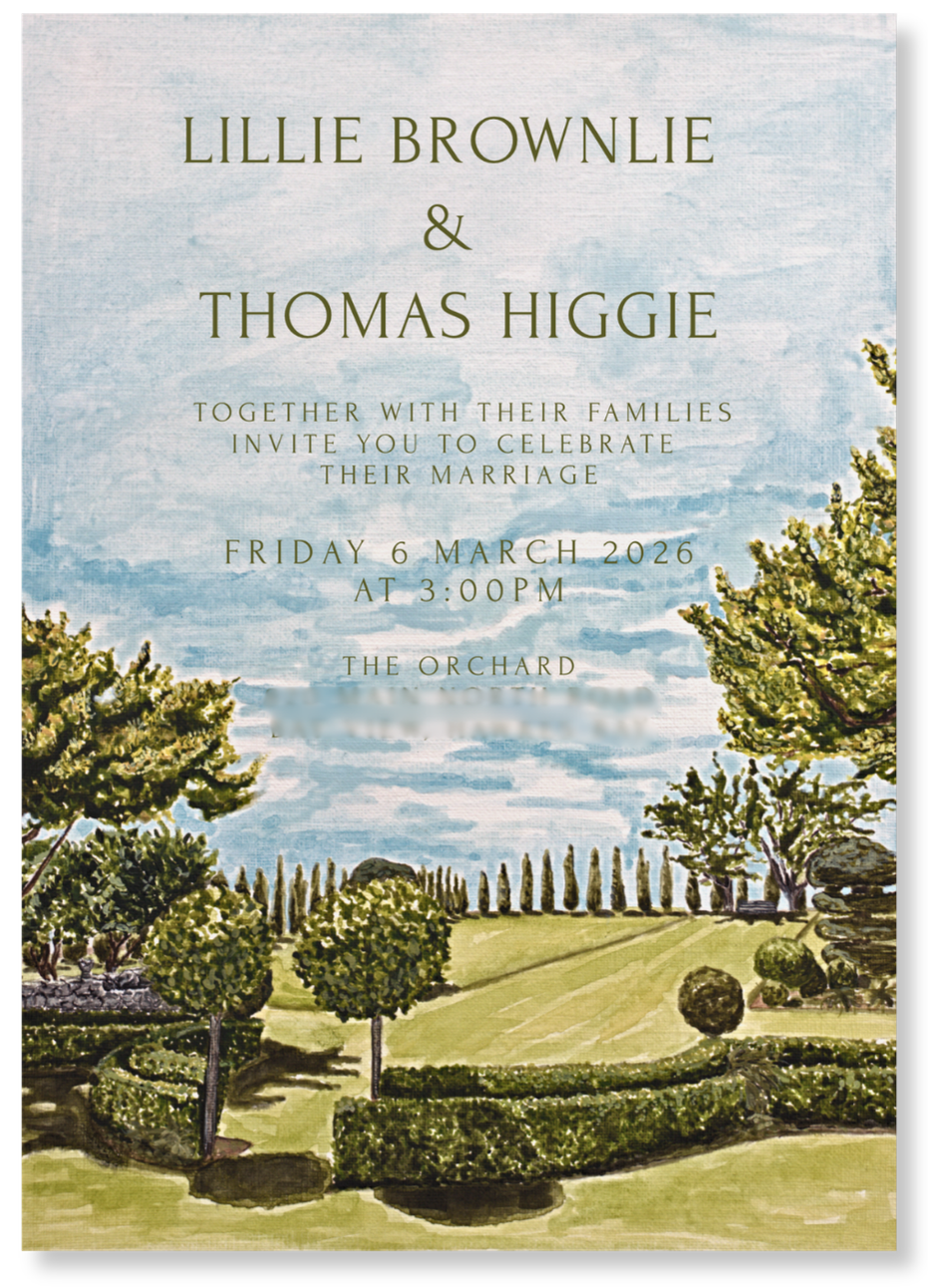 Wedding invitation with a landscape background featuring trees, shrubs, and blue sky.
