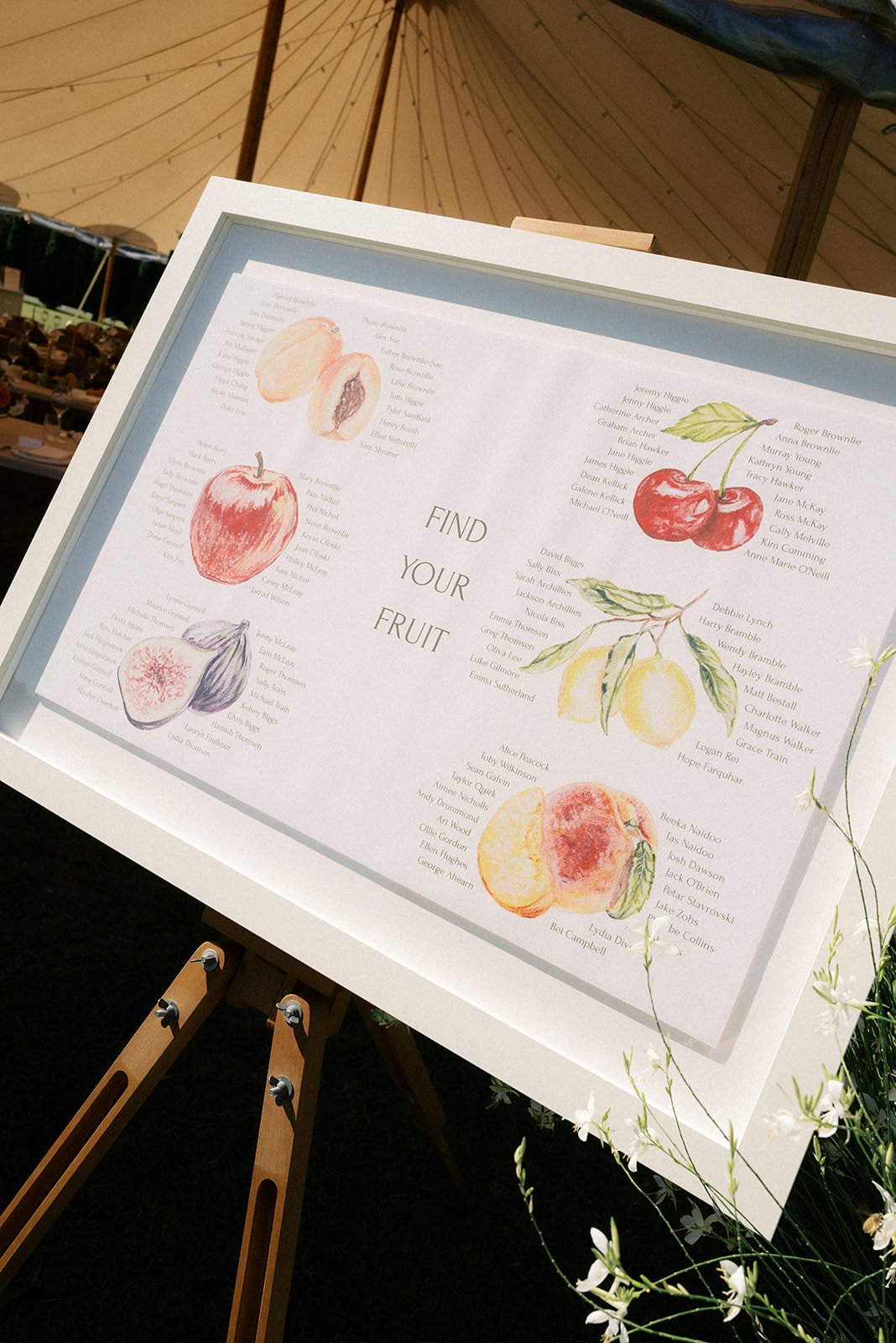A framed sign on an easel with watercolor illustrations of fruits, including apple, fig, and peach, and a list of names surrounding the words "Find Your Fruit." The sign is under an outdoor umbrella at a garden or outdoor event.