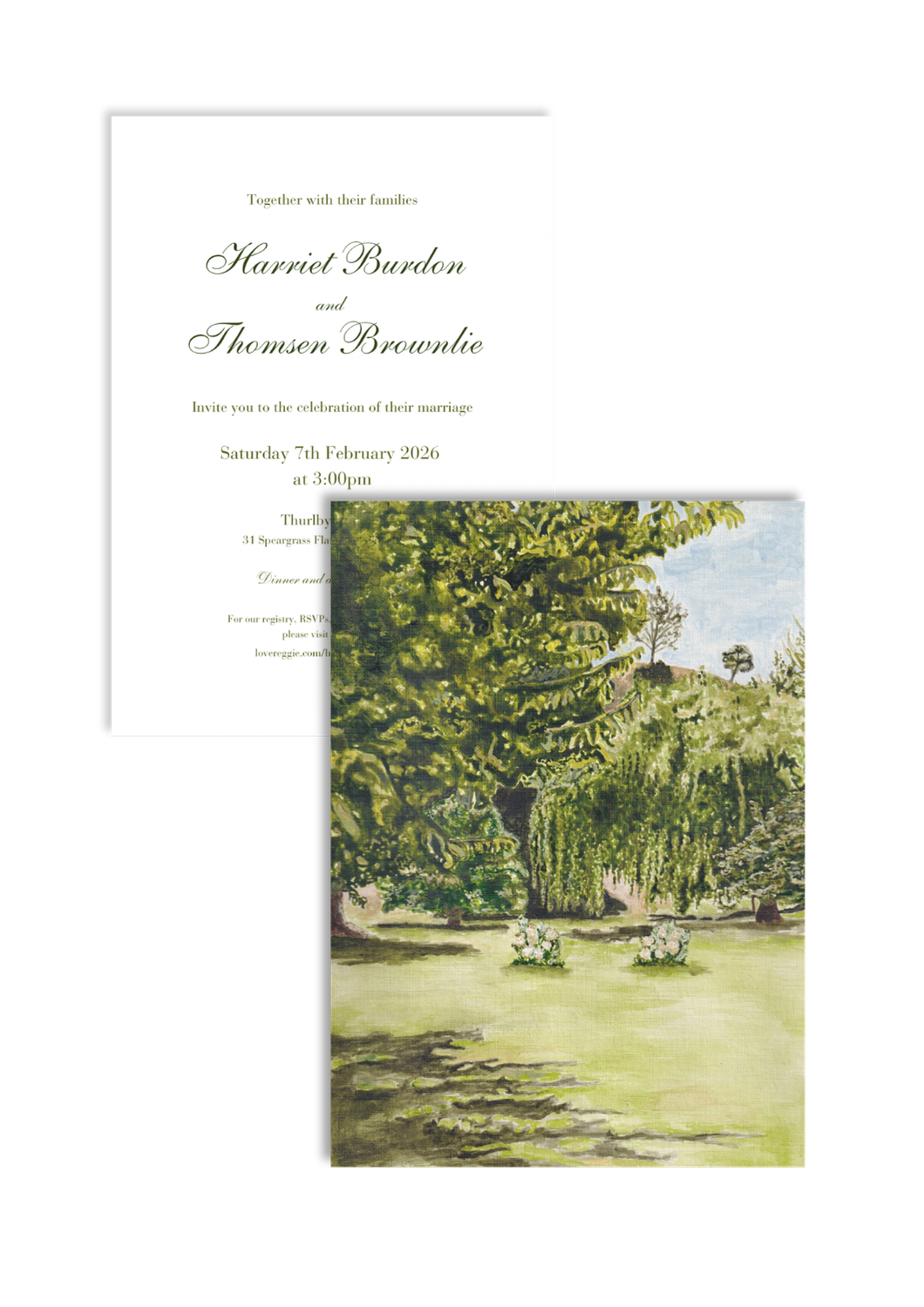 A wedding invitation with a landscape painting of a garden and trees.