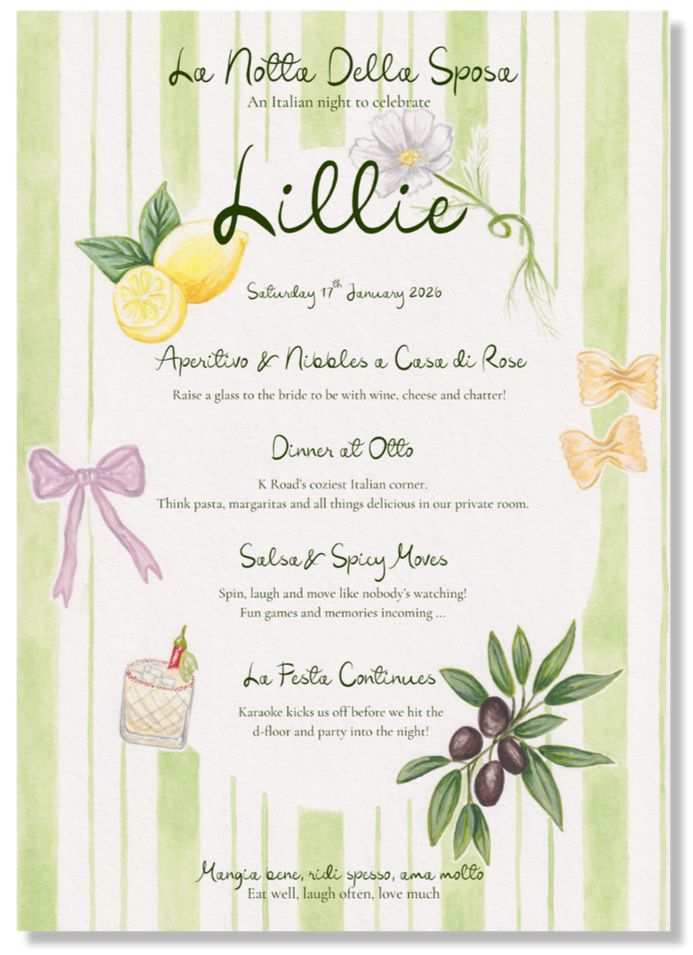 Invitation card for an Italian-themed celebration with watercolor illustrations of lemon, flower, bow, drink, and olives, set against a light green striped background.