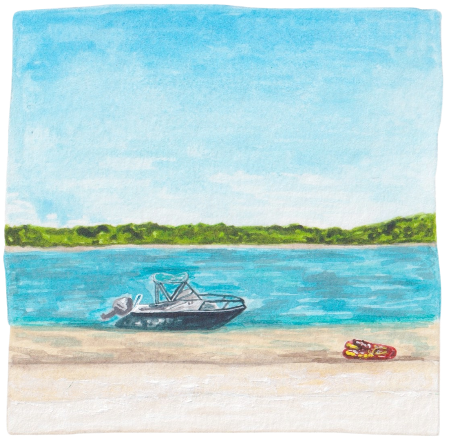 A painted beach scene with a boat on the water, a red inflatable sea biscuit on the sand, and greenery in the background under a clear sky.