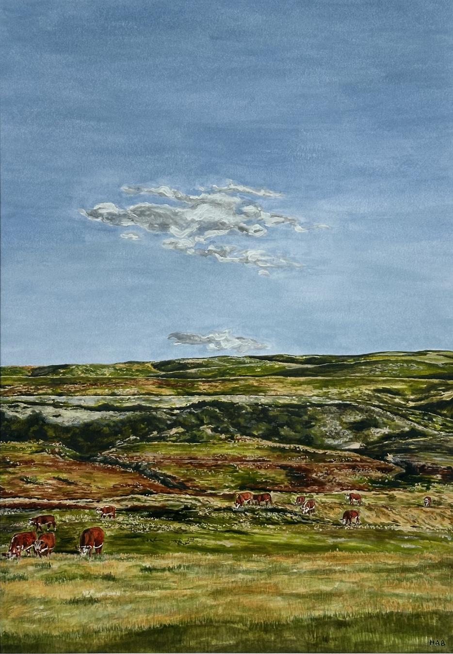 Landscape painting of rolling hills with green pastures, brown cows grazing, and a partly cloudy sky.