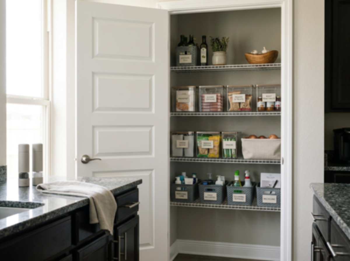 Pantry with open door showing shelves of organized storage bins, bottles, spices, and kitchen supplies in a kitchen with granite countertops and black cabinets.