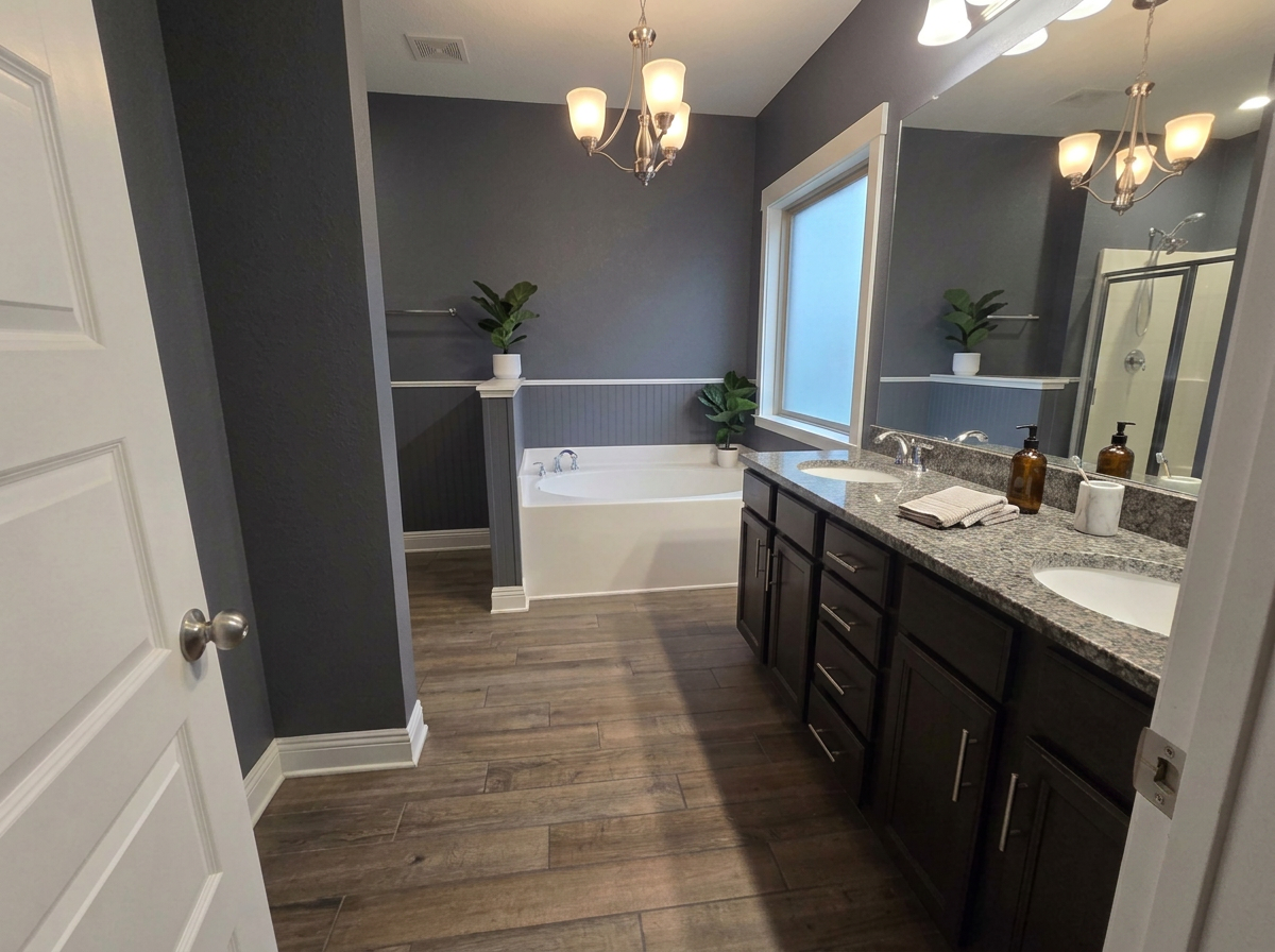 A modern bathroom with dark wood cabinets, granite countertops, double sinks, a large mirror, a frosted window, a soaking bathtub with two potted plants nearby, and a walk-in shower with glass doors. There are two light fixtures in the ceiling, and the floor is wood-style tile.