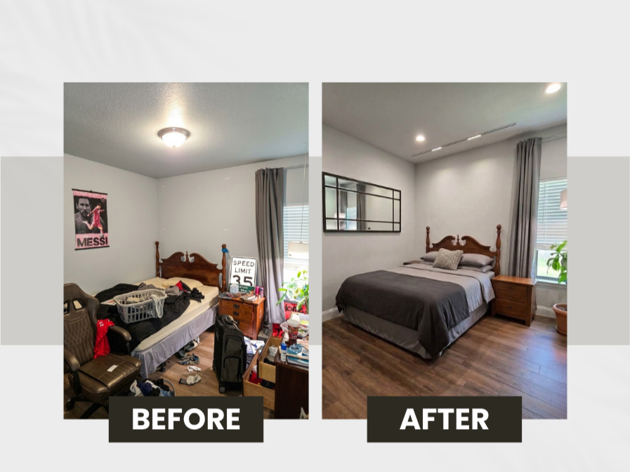 Comparison of a cluttered bedroom before and a clean, organized bedroom after cleaning and redecorating.
