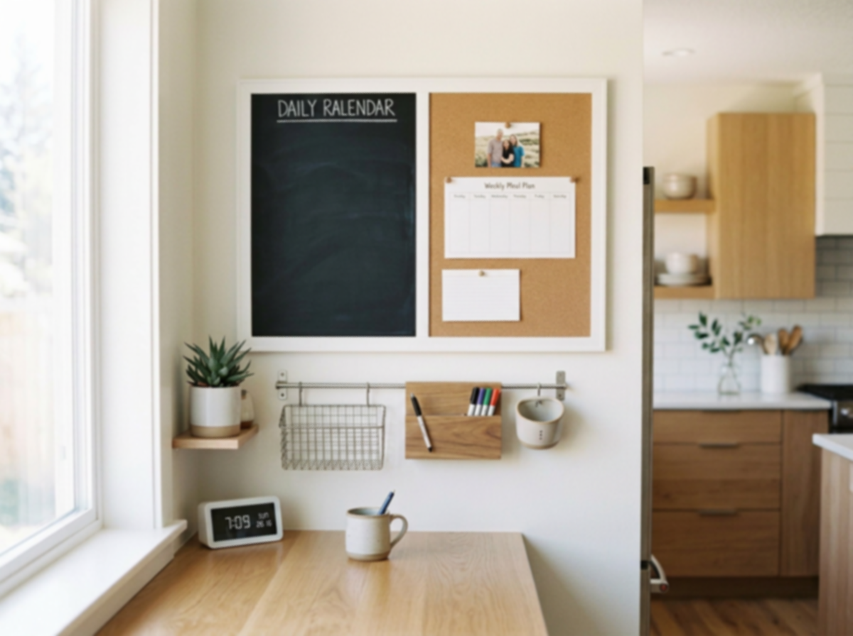 Home office with black chalkboard titled 'Daily Ralendar', corkboard with a photo, meal plan, and notes, and a desk with a mug, markers, and a clock near a window.