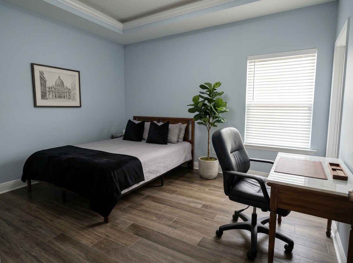 A bedroom with light blue walls, a wooden bed with black and gray pillows, a large potted plant, a window with blinds, and a desk with a chair.