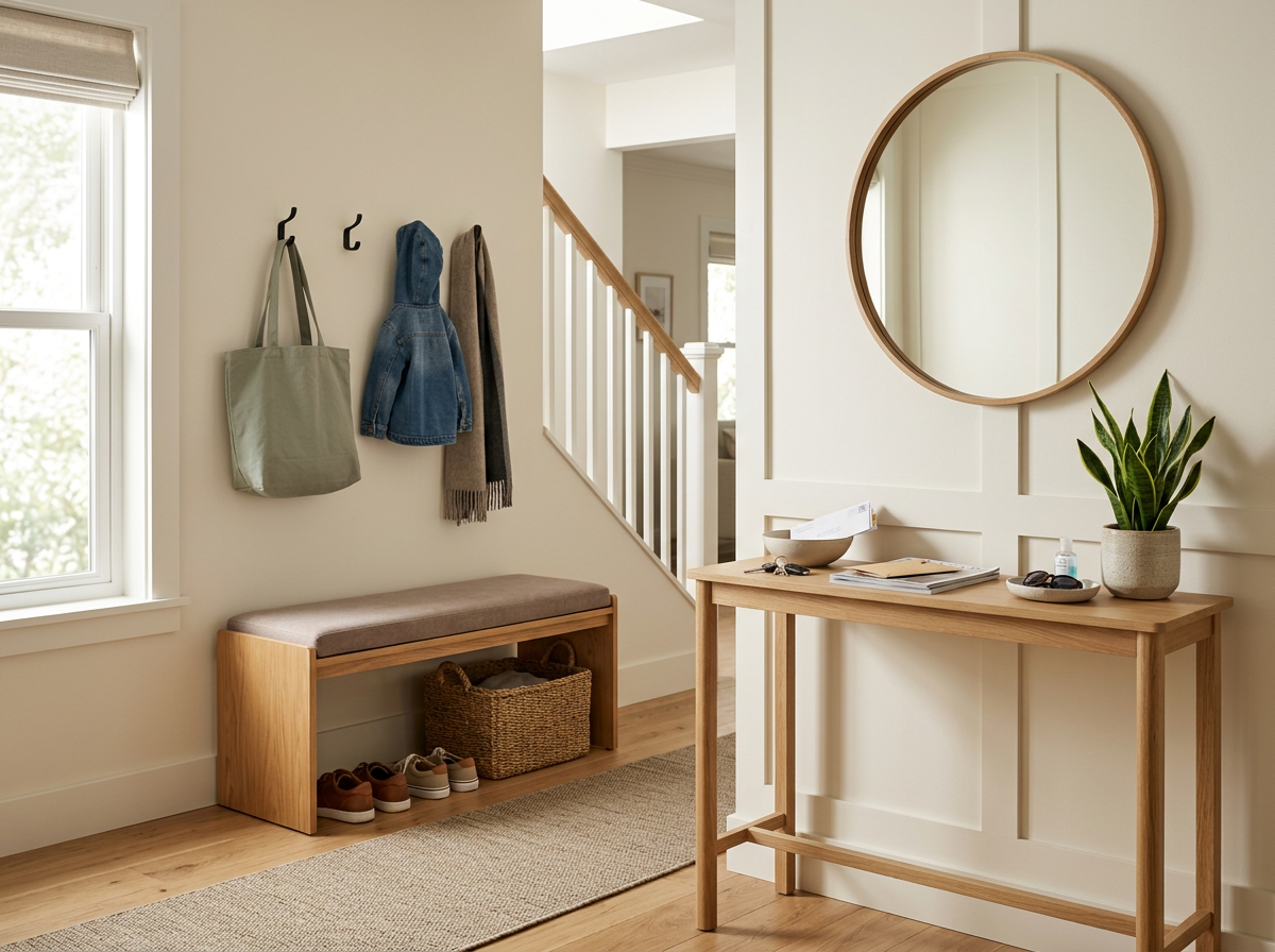 Entryway with a hanging bag, jacket, and scarf on hooks, a window with natural light, a bench with shoes underneath and a basket, a wooden table with a potted plant, papers, glasses, a mirror, and a hand sanitizer
