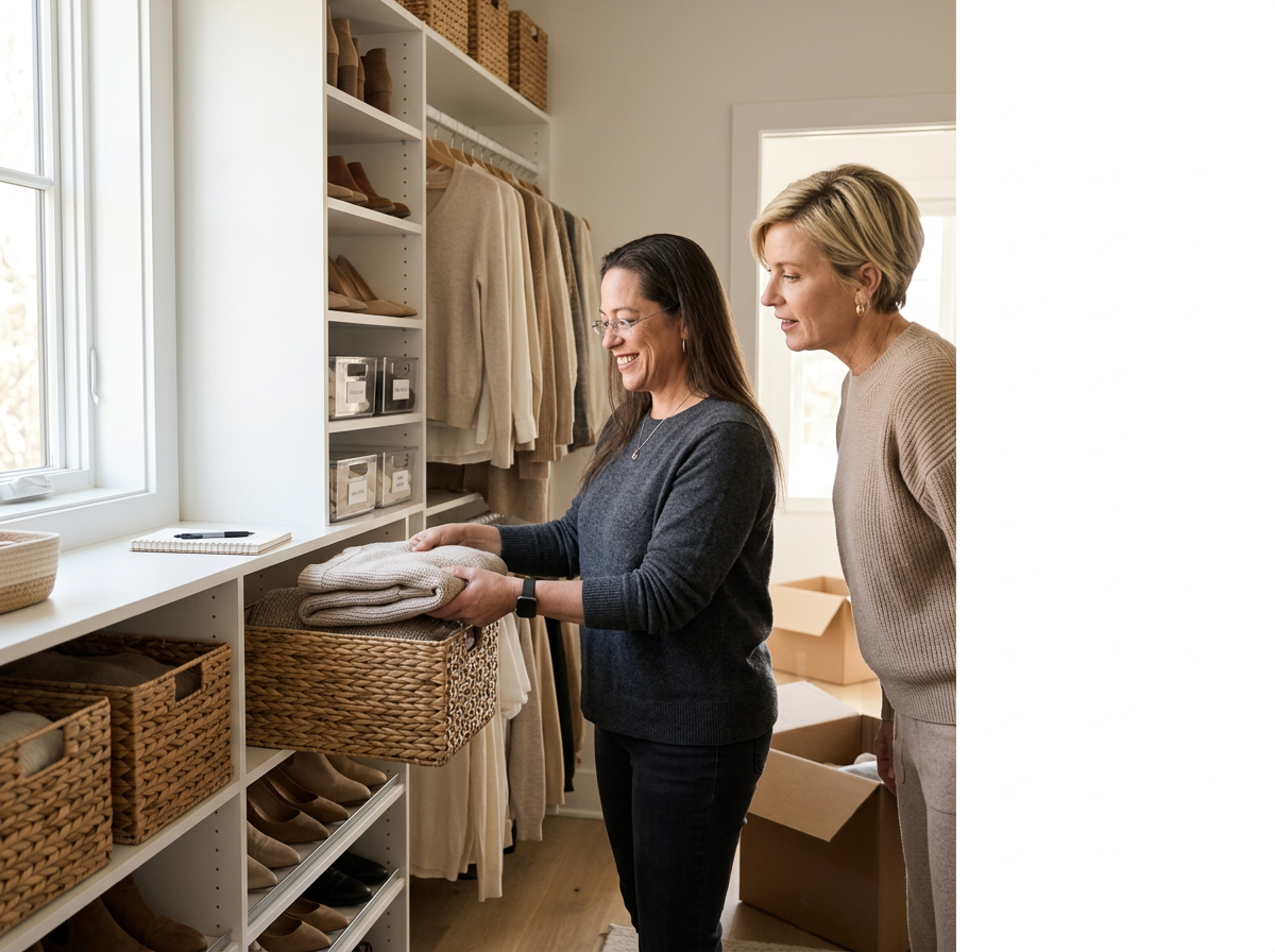 Two women in a walk-in closet, one folding clothes and the other watching, surrounded by shelves with shoes, baskets, and clothing.