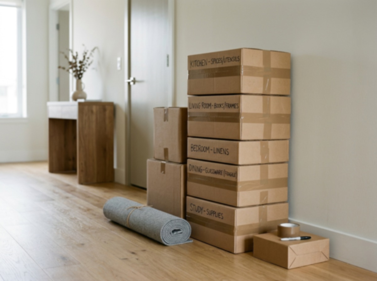 Stacked cardboard boxes labeled for different rooms and purposes, a rolled-up rug, and packing tape in a room with light-colored walls and wooden flooring.