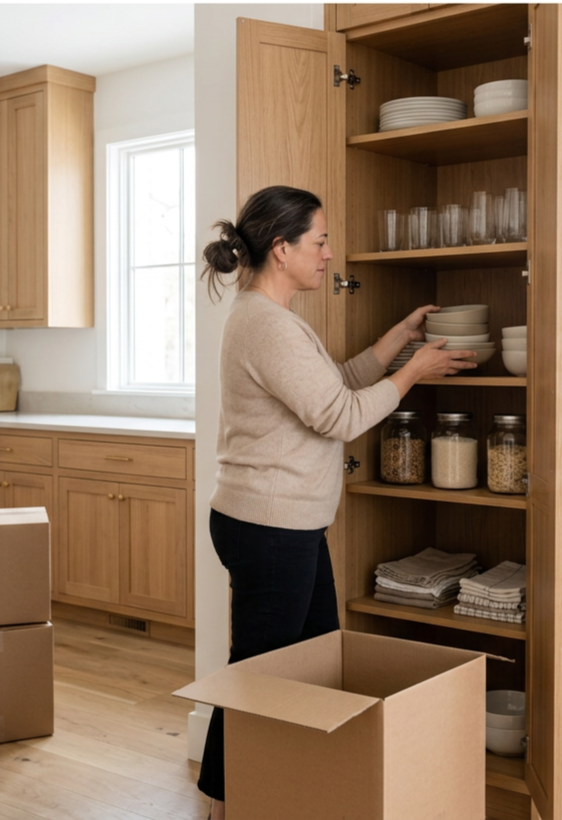Woman organizing dishes and glassware in a wooden kitchen cabinet while unpacking moving boxes.