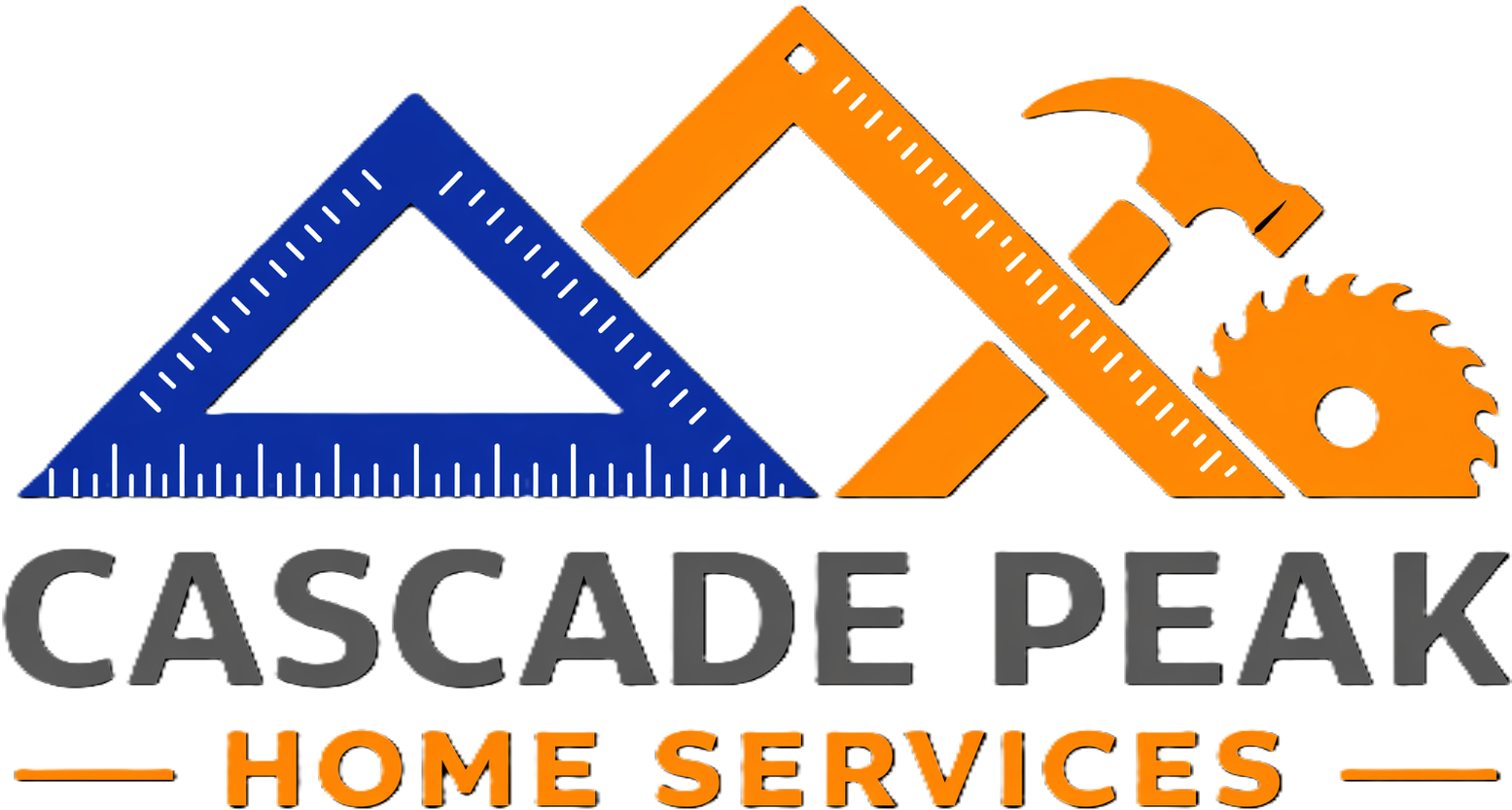 Logo for Cascade Peak Home Services featuring a blue triangle ruler, an orange square ruler, and a saw, with the company name and tagline.