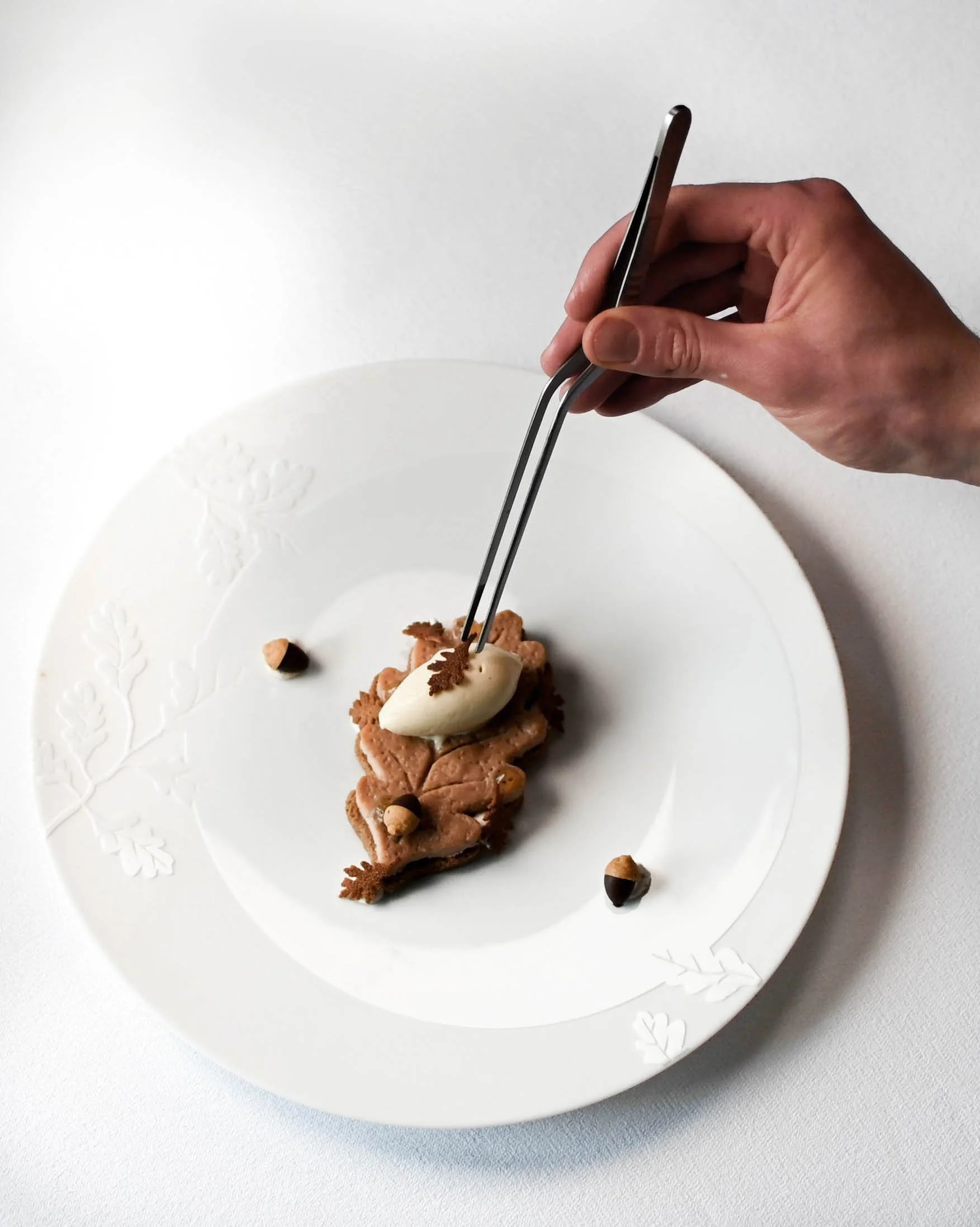 Une assiette blanche avec un motif de feuilles, contenant un dessert présenté avec une fine tranche de chocolat et quelques petits décorations, un homme tient une fourchette à pâtisserie.