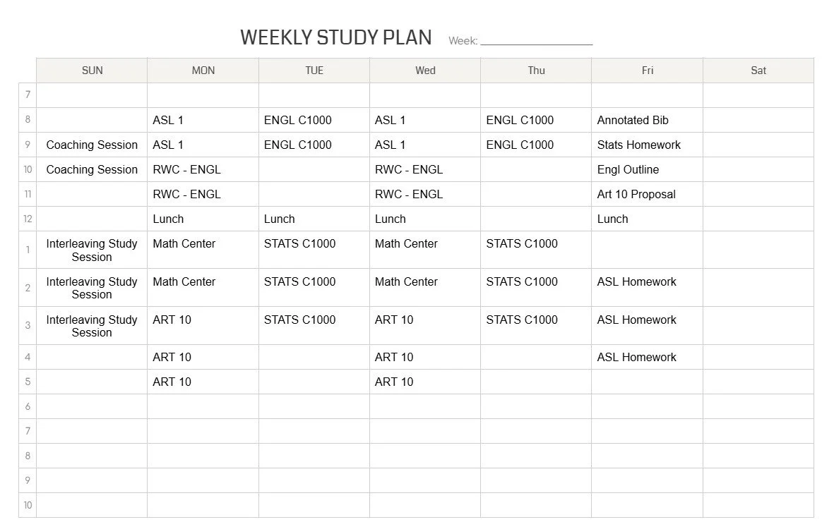 Weekly study plan schedule with days of the week, classes, and activities written in a table format.