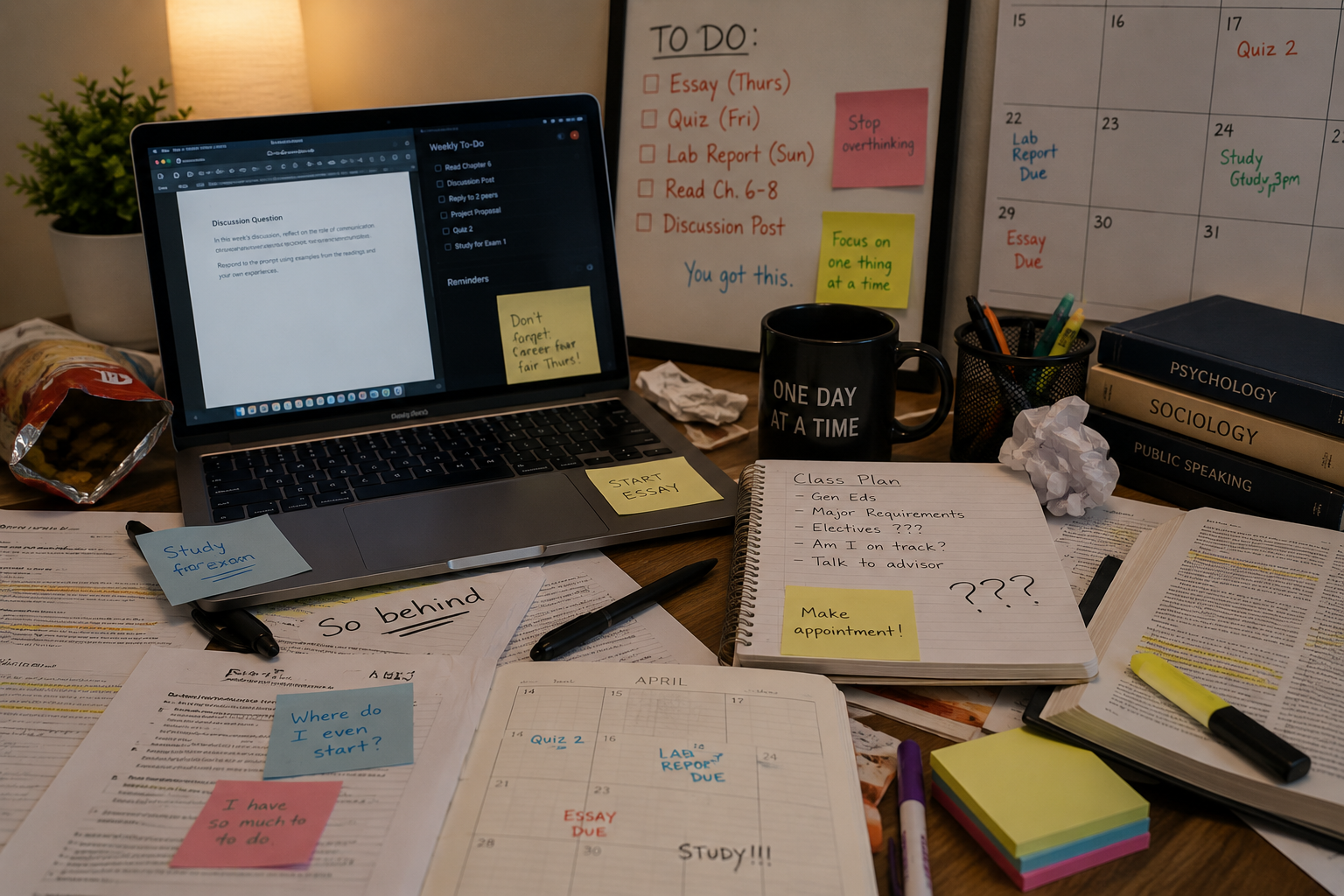 A cluttered study desk with a laptop, papers, pens, sticky notes, books, a calendar, a whiteboard with to-do lists, a mug that says 'One Day at a Time', and various study materials and notes.