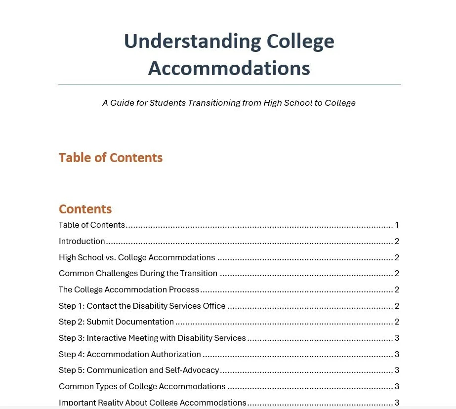 Page from a guide titled "Understanding College Accommodations" with a table of contents listing sections on high school vs. college accommodations, transition challenges, the process for college accommodation requests, documentation, interactive meetings, communication, types of accommodations, and misconceptions.