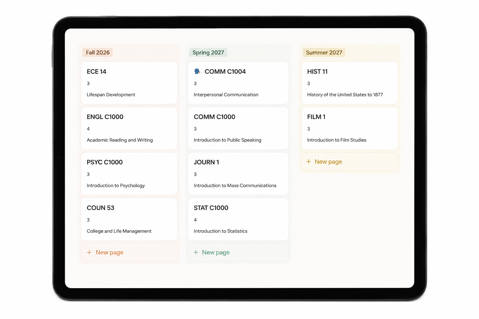 Digital planner on tablet screen shows academic courses for Fall 2026, Spring 2027, and Summer 2027 with course titles, units, and descriptions, including options to add new pages.