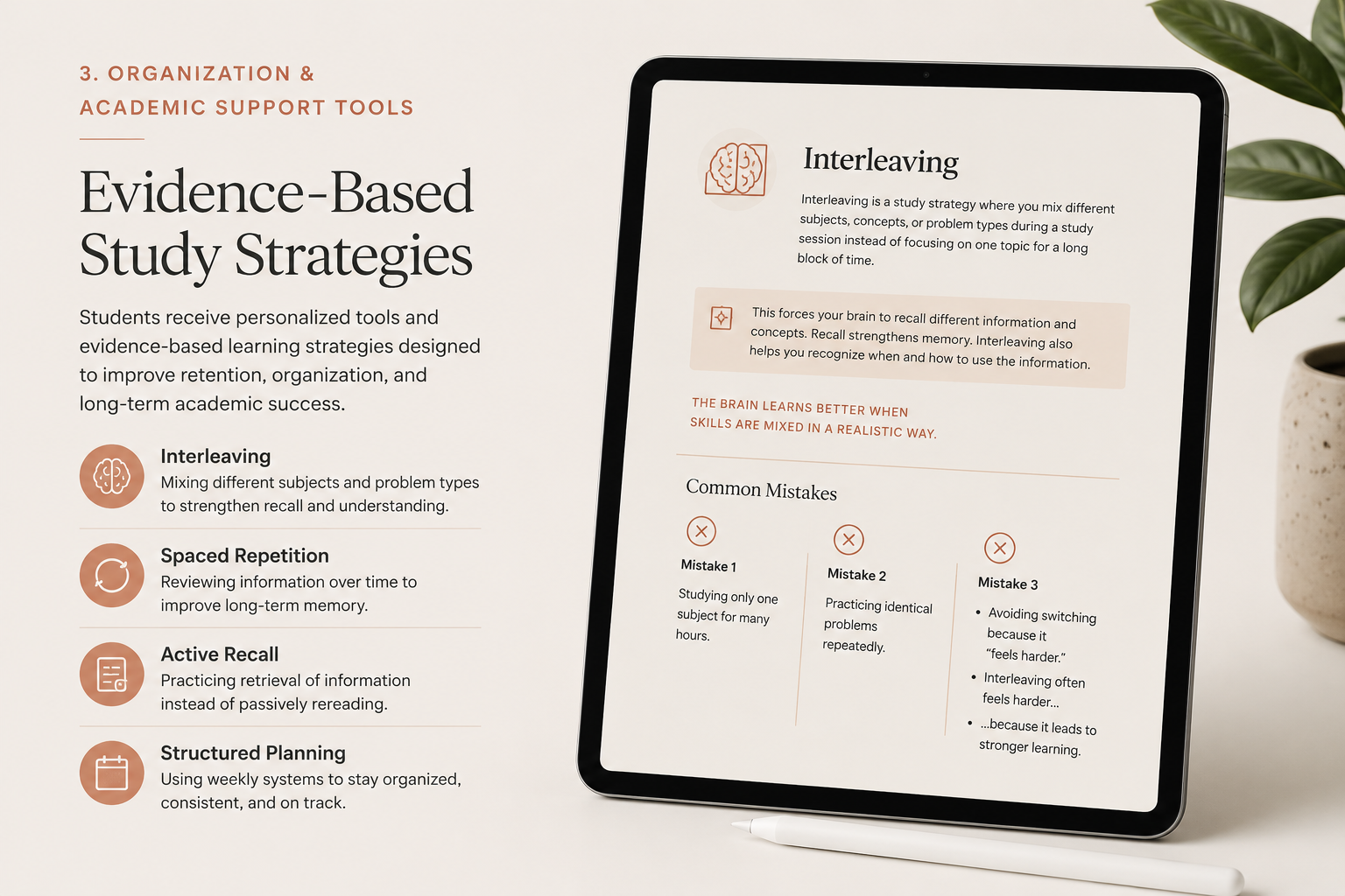 A printed open book or booklet discussing evidence-based study strategies, featuring sections on interleaving, spaced repetition, active recall, and structured planning, with an image of a tablet displaying information about interleaving and common mistakes, next to a potted plant and a white pen.