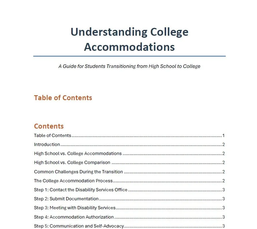 Page from a guide titled 'Understanding College Accommodations', with the subtitle 'A Guide for Students Transitioning from High School to College', and a table of contents listing topics such as Introduction, High School vs. College Accommodations, Common Challenges, and steps for the college accommodation process.