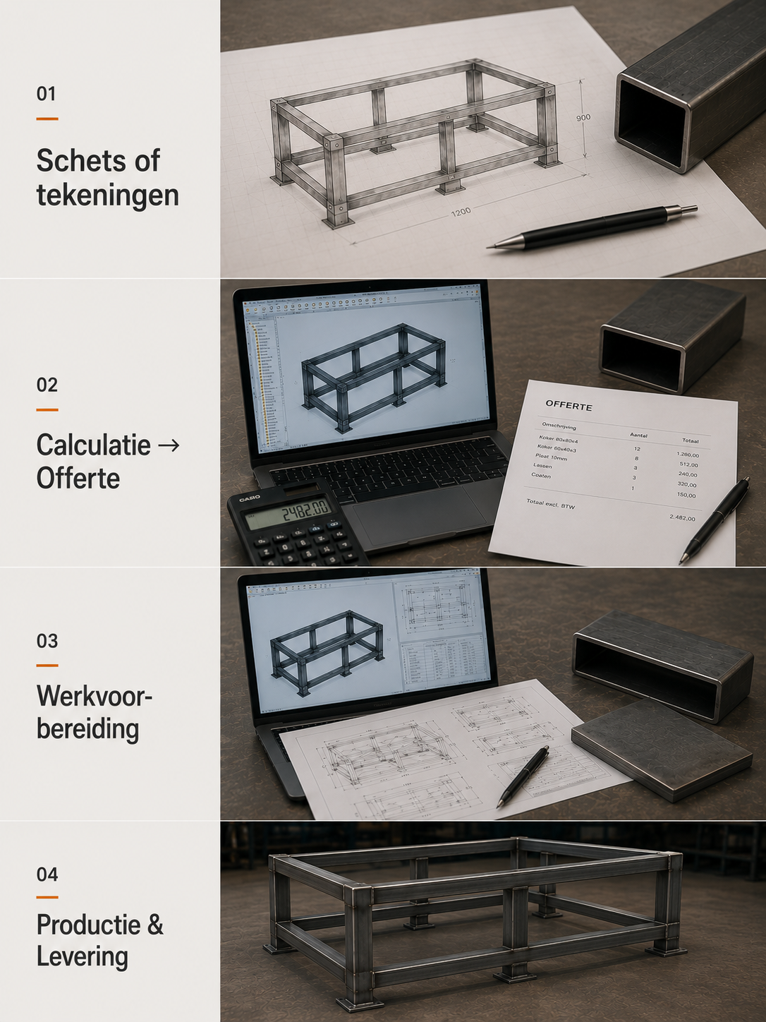 Afbeeldingen van technische tekeningen, een computer met een 3D-model, een calculatorm, plannen en het afgewerkte metalen frame van een constructie, gerelateerd aan productontwikkeling en fabricage.