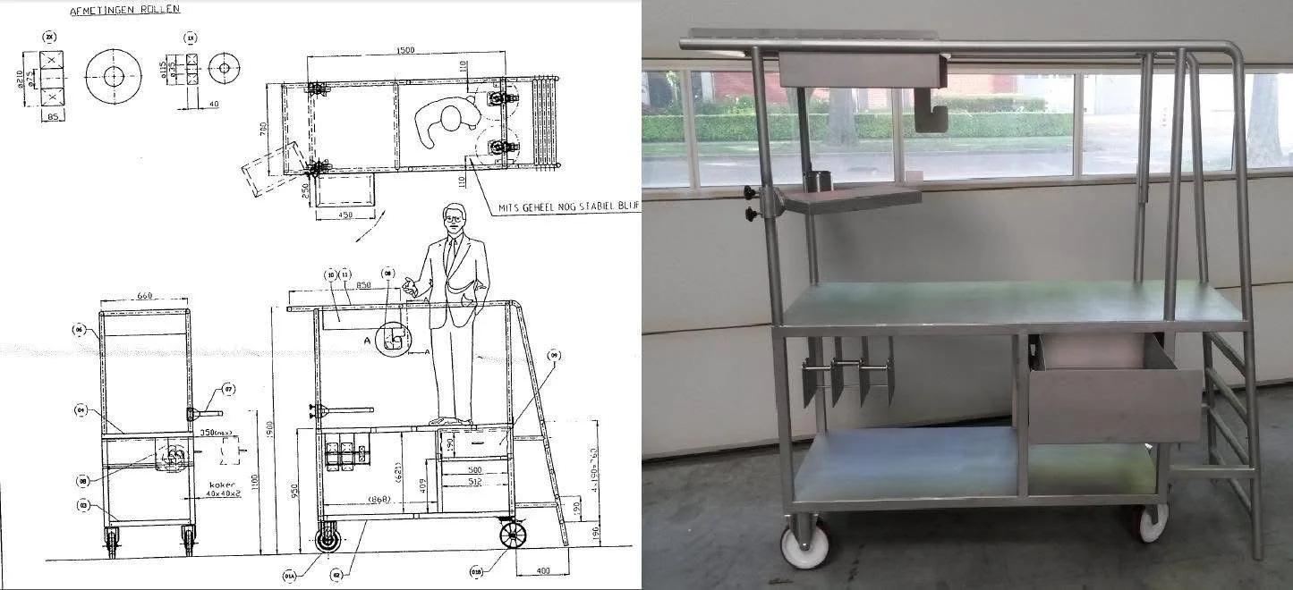 Technisch ontwerp en foto van een metalen serveerwagen met meerdere planken en lades op wielen.