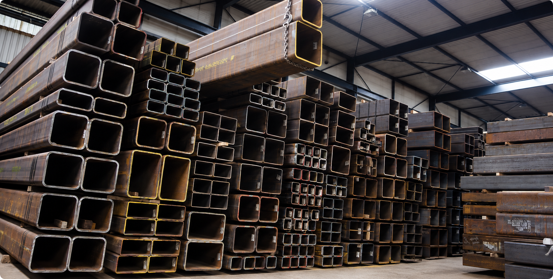 Binnen in een opslaghal met stapels grote metalen buizen en stalen balken, georganiseerd op pallets.