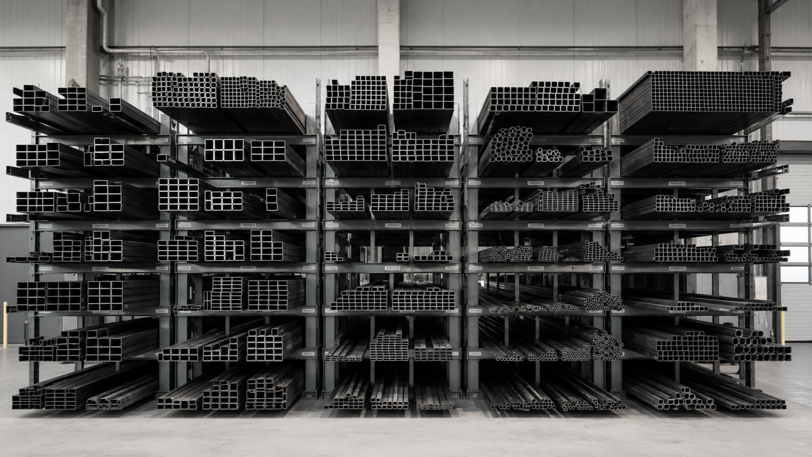 Staalopslag rek in magazijn met verschillende vormen en maten metalen buizen en profielen in zwart metallic kleur.