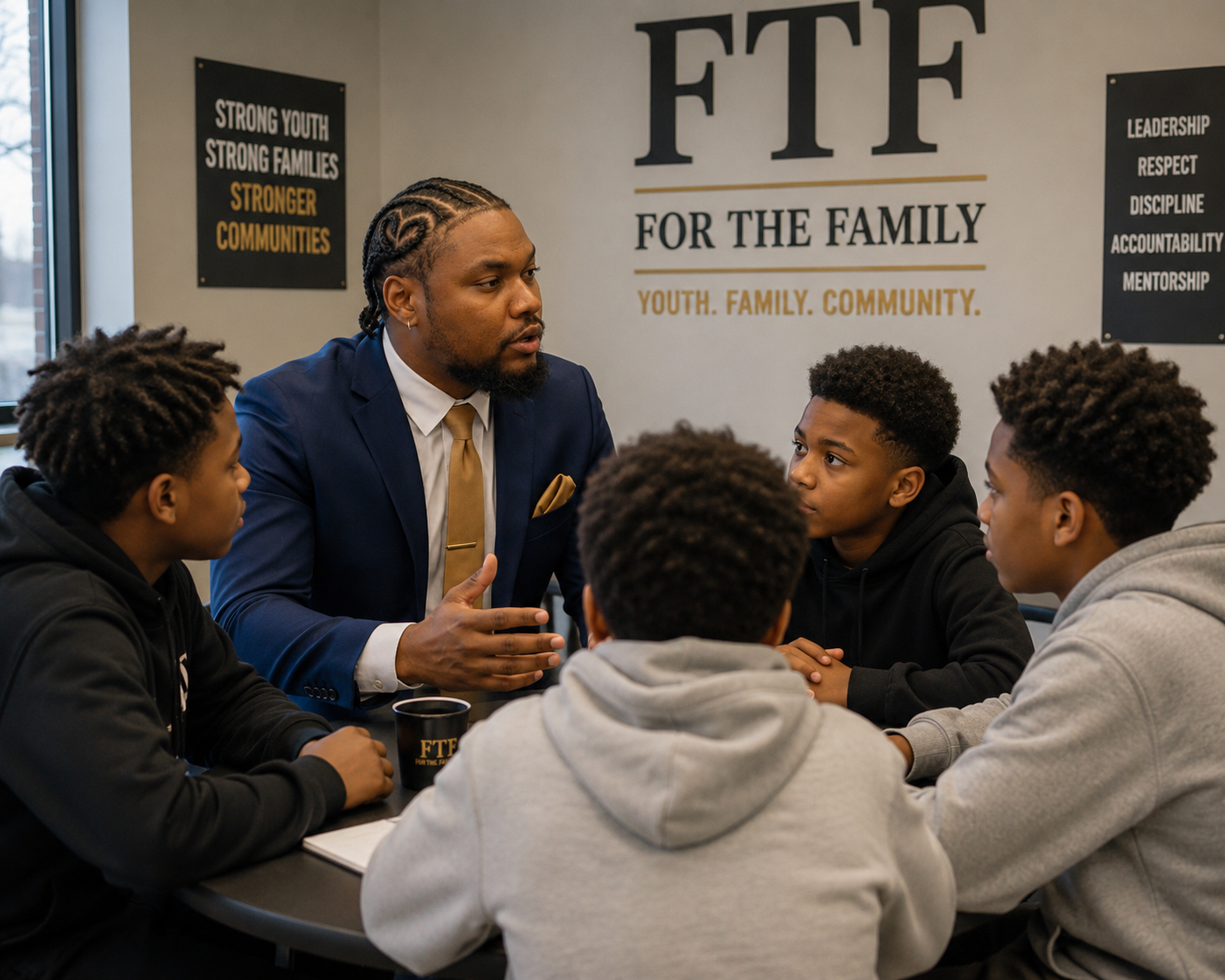 "Participants engaging in youth leadership, life readiness, mentorship, emotional growth, and structured development programs through For The Family (FTF)."
