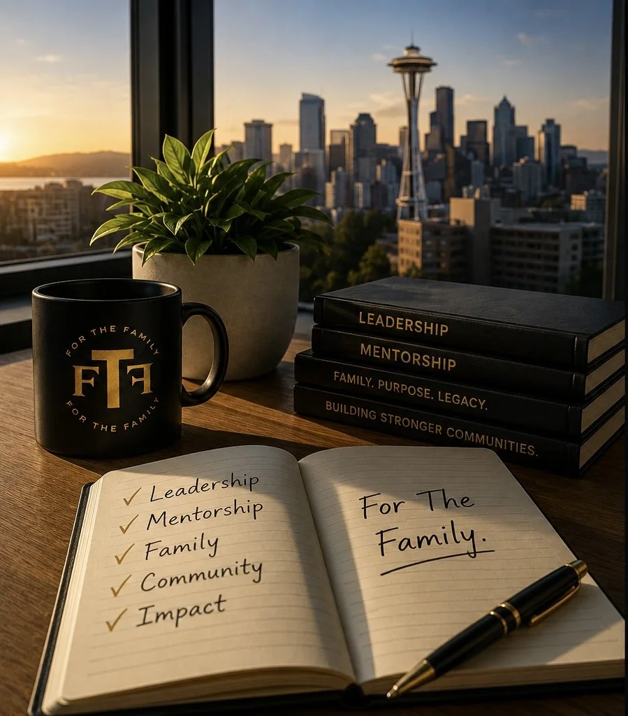 "For The Family (FTF) youth leadership and family support nonprofit serving Metro Seattle through youth development, mentorship, and community-driven initiatiground, a city skyline with the Space Needle is visible through large windows during sunset.