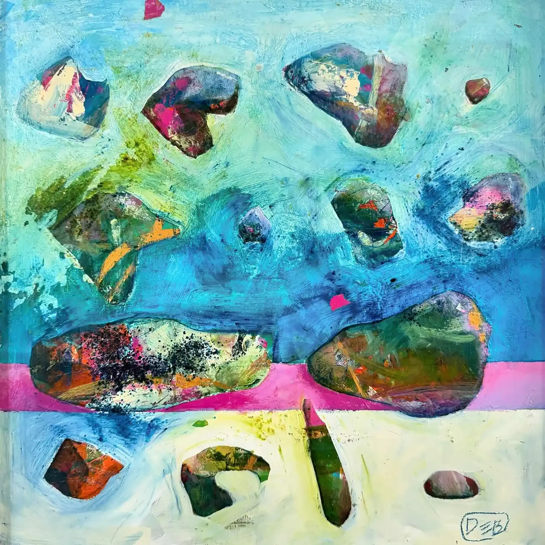 LIPSTICK ON THE BEACH · 30 × 30 cm · mixed media on board · 2023 · Sold