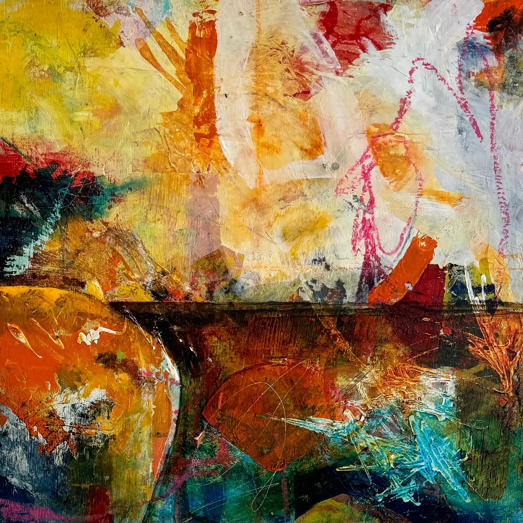 SUNSET ON A BOULDER · 34 × 34 cm · mixed media on board · 2024