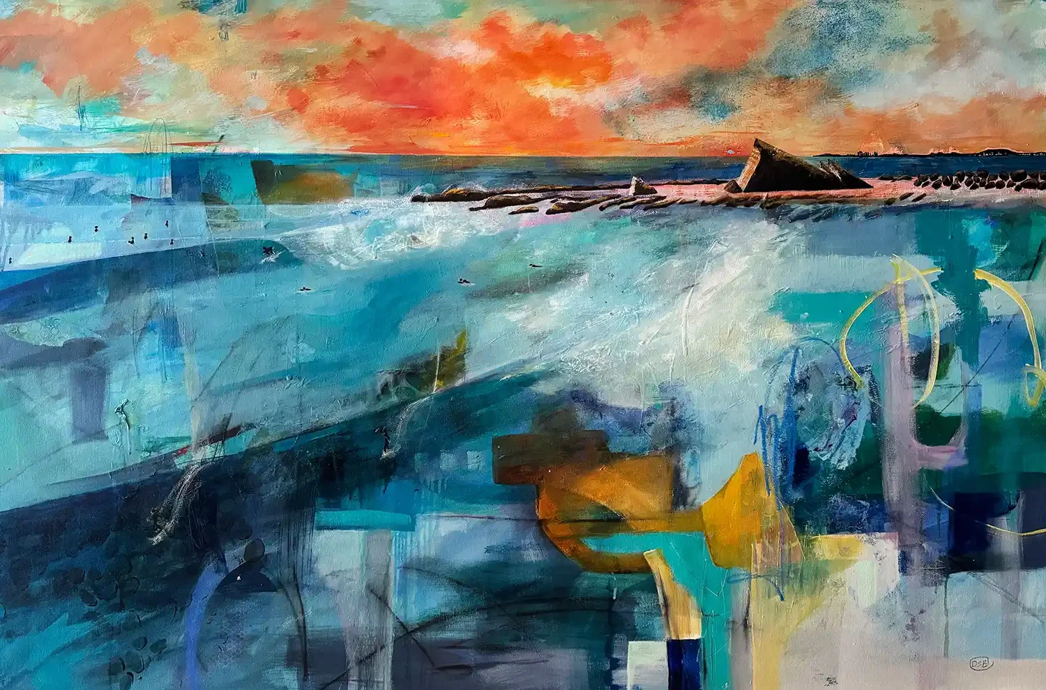 SUNRISE SURF WITH FRIENDS · 152 × 102 cm · mixed media on canvas · 2025