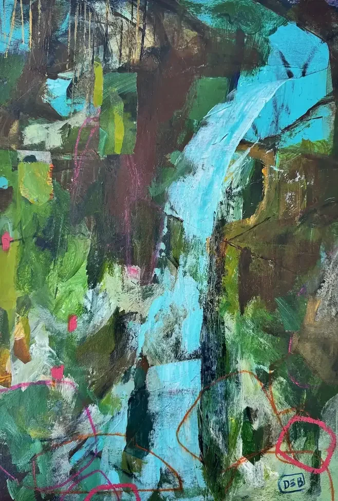 FLOW · 28 × 42 cm · mixed media on paper mounted on wood panel · 2025