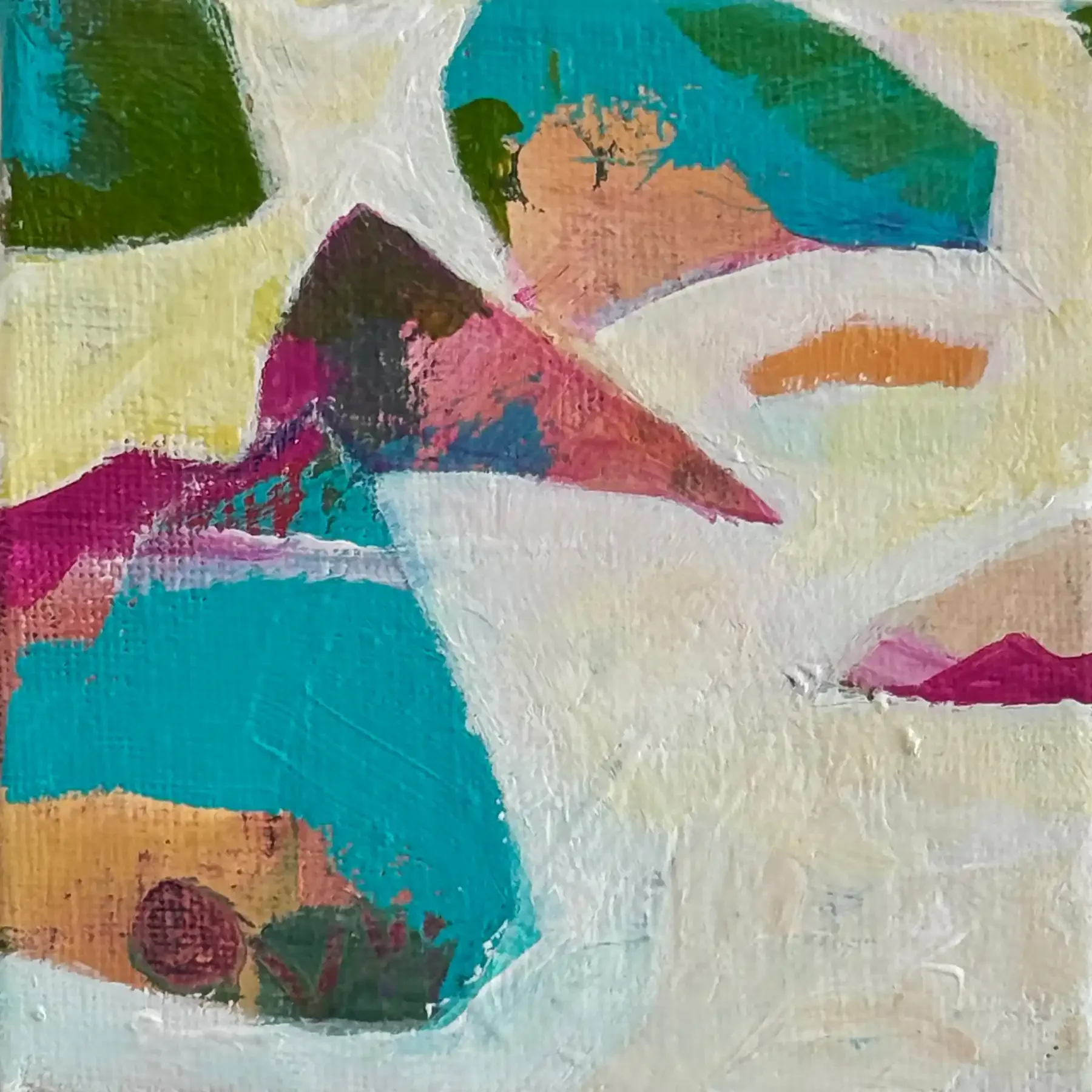 TEAL AND PINK · 10 × 10 cm · mixed media on board · 2024