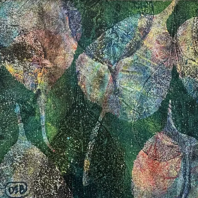 JUNGLE GREEN · 15 × 15 cm · mixed media on paper mounted on wood panel · 2025