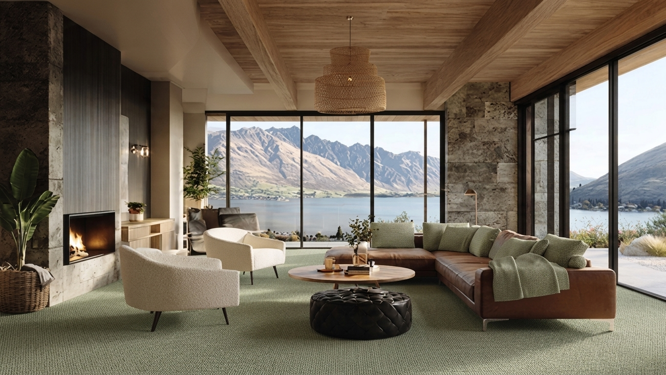 luxury interior with sage green wool carpet