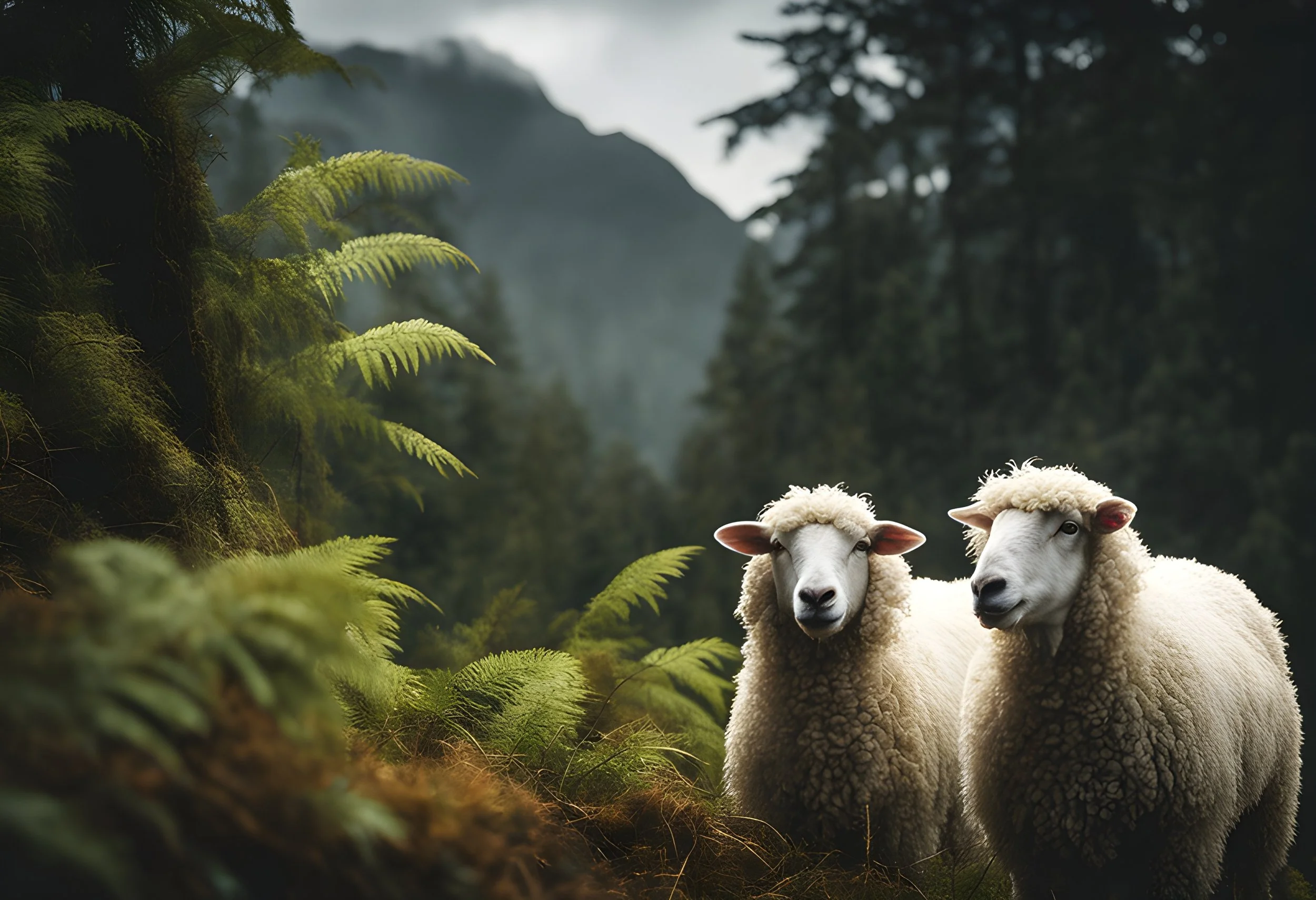 2 sheep in the New Zealand rain forest