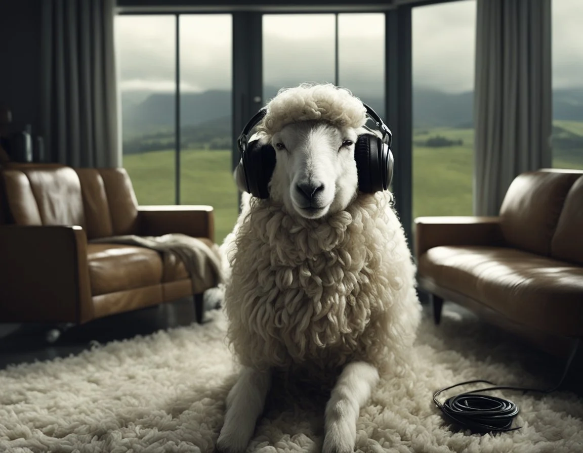 a large modern room with retro mid-century furnishings, natural colors.  A Romney sheep wearing headphones sits on a white carpet.  Large windows overlooking New Zealand farmland.