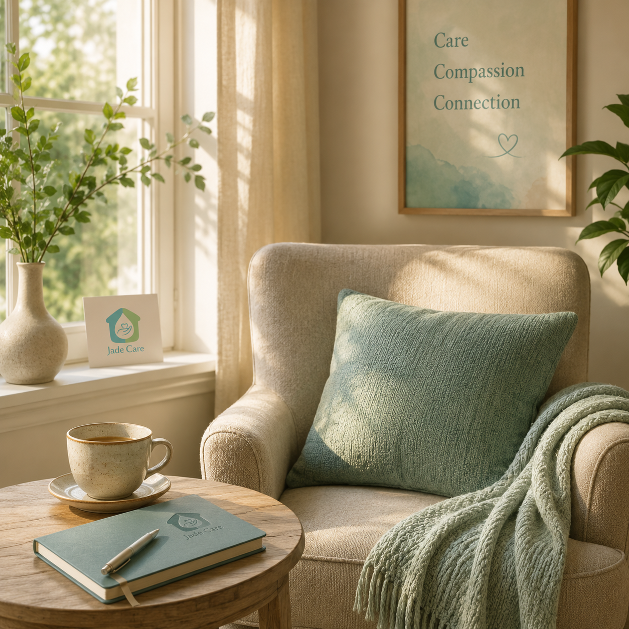 A cozy living room corner with a beige armchair with a green pillow and chunky throw blanket. A wooden side table with a cup of coffee, a Jade Care notebook, and a pen. A window with sunlight, a vase with green branches, and a framed art print on the wall with the words "Care, Compassion, Connection" and a heart symbol.