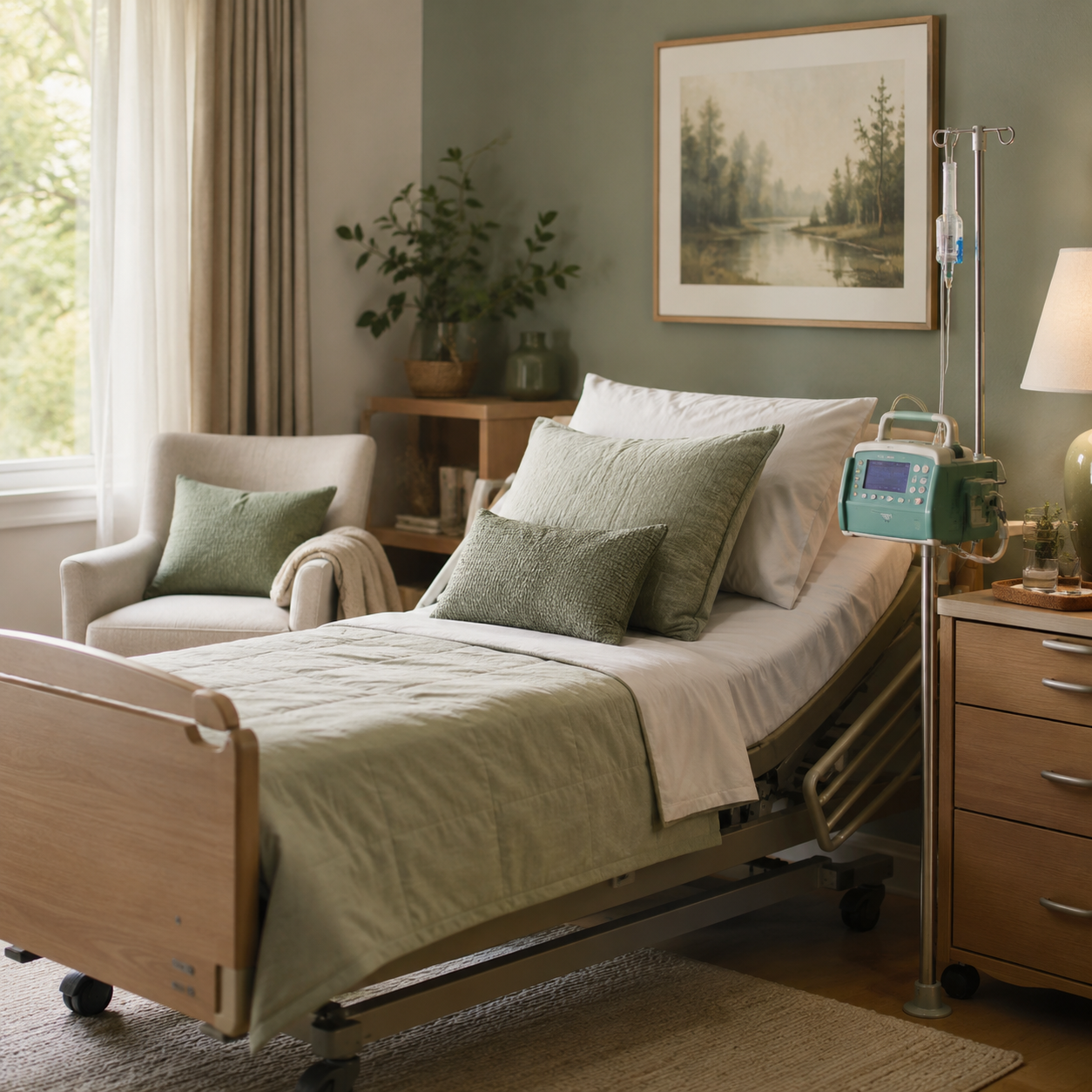 A hospital room with a bed, green bedding, and pillows, next to an armchair with a green pillow, a window with curtains, a landscape painting on the wall, and medical equipment including an IV drip.