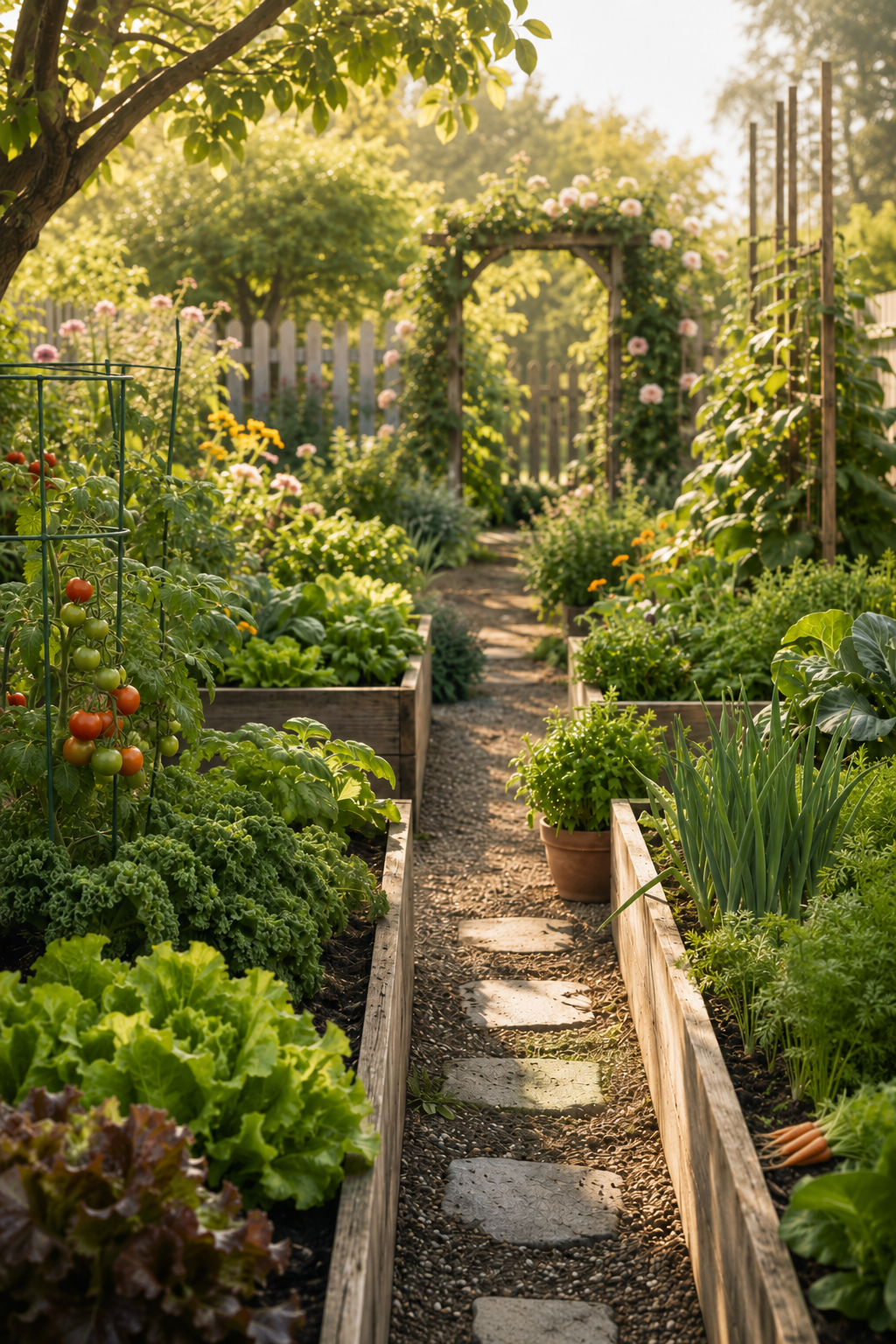 A lush, well-maintained garden with raised wooden beds filled with various vegetables and flowers, a stone pathway, an archway covered in climbing roses, and a background of trees and a fence, bathed in warm sunlight.