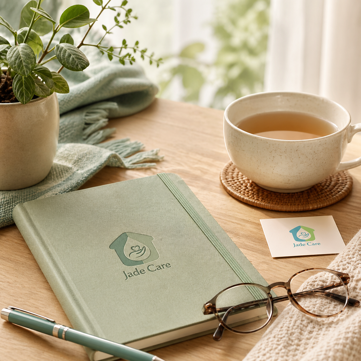 A desk with a potted plant, a closed green journal with Jade Care logo, a pair of glasses, a teal pen, a cup of tea on a woven coaster, a Jade Care card, and a folded cream-colored towel, all set on a wooden surface near a window with soft natural light.