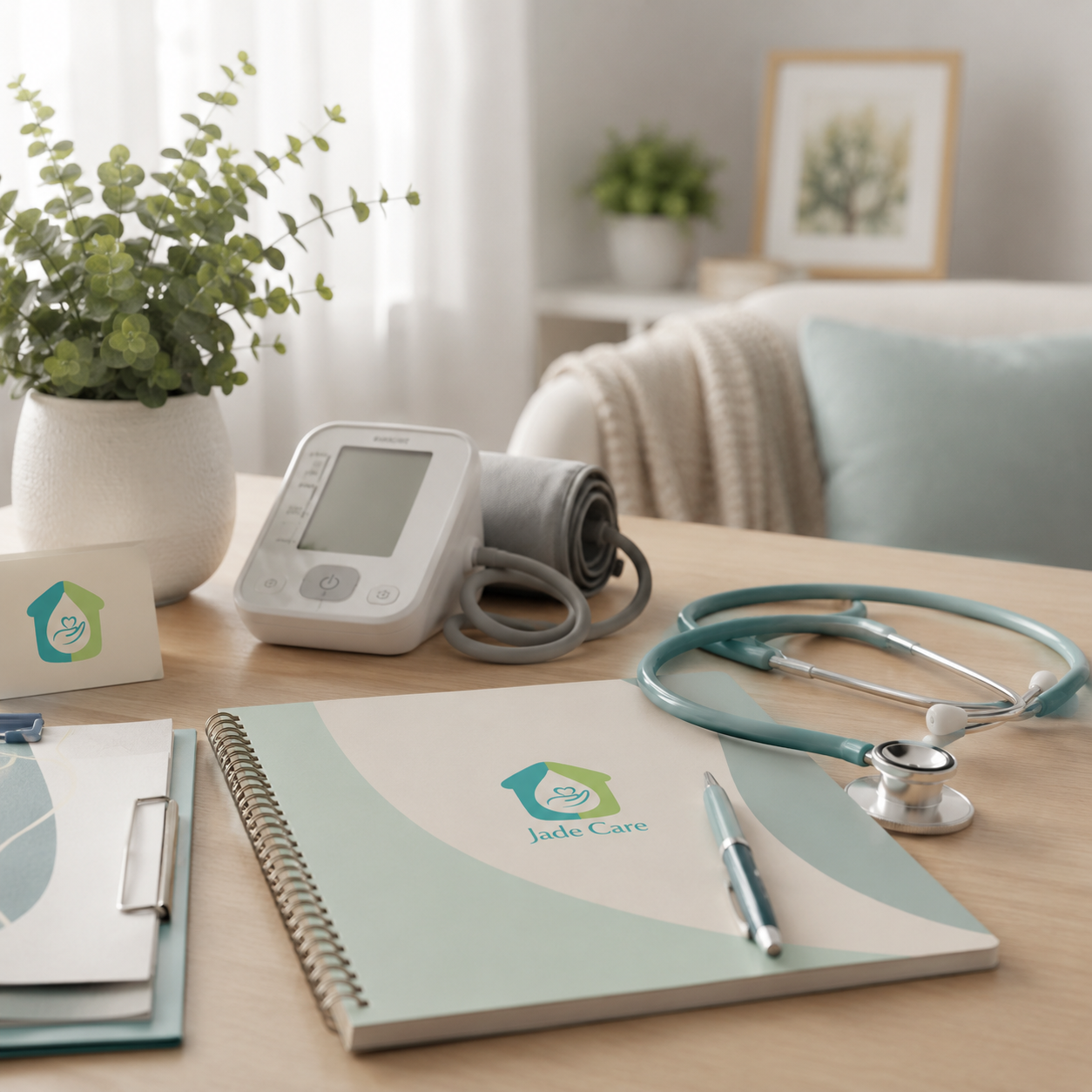 A desk with a potted plant, blood pressure monitor, folder with Jade Care logo, stethoscope, pen, and a small card with healthcare logo, in a bright room with sofa and framed plant picture in background.